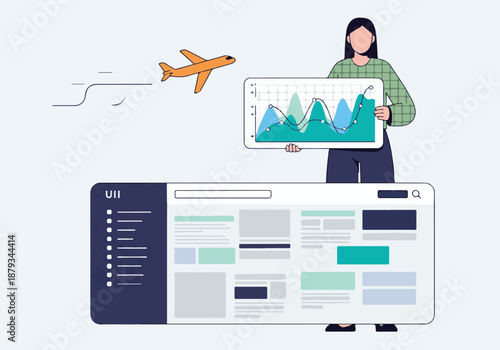 Woman analyzing business data, global travel, and digital platform insights