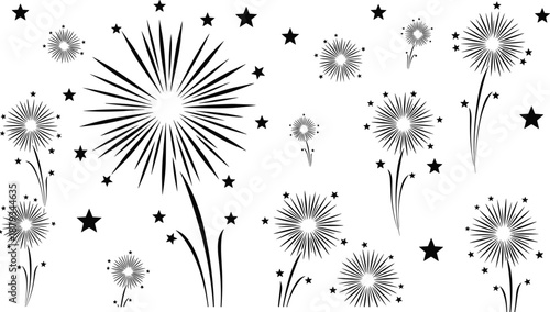 Black and white firework burst illustration set with stars featuring festive celebration elements, abstract spark shapes, holiday decoration graphics for events, 