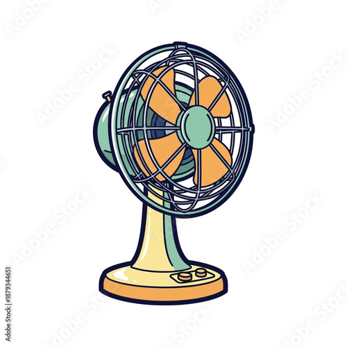 An illustration of a vintage electric fan on a table indoors.