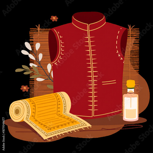 Traditional attire and prayer essentials with a vibrant red waistcoat and yellow prayer mat
