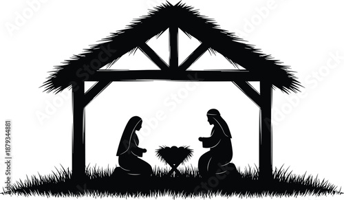 Black and white nativity scene silhouette illustration showing Mary and Joseph praying beside baby Jesus in manger under rustic stable for Christmas religious design
