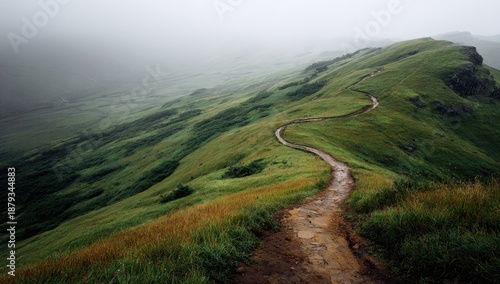 Winding trail atop a misty, green mountain ridge