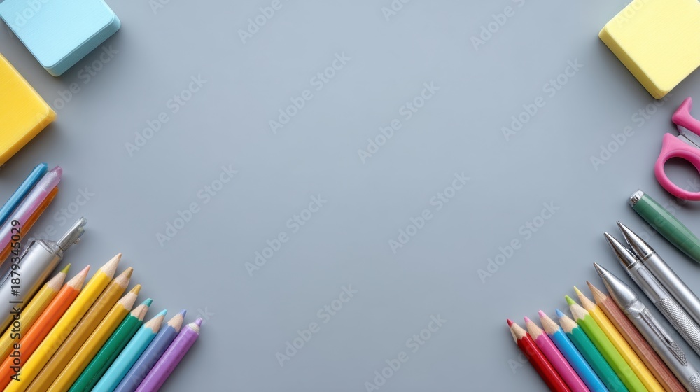 Fototapeta premium Colorful Stationery and Office Supplies on a Gray Surface with Empty Space for Text or Design Elements for Creative Projects and Business Needs