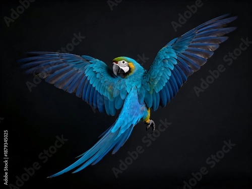 Macaw spreading wings in studio