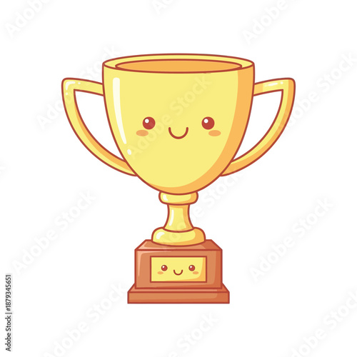 A cartoon trophy with a smiling face sits on a brown pedestal base.