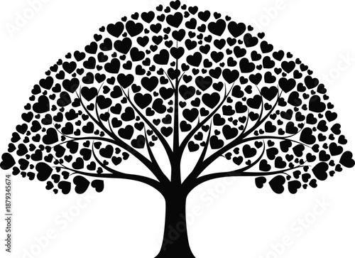 Black heart shaped tree silhouette illustration symbolizing love, romance, family roots, growth, Valentine concept, nature harmony, decorative design isolated on white background