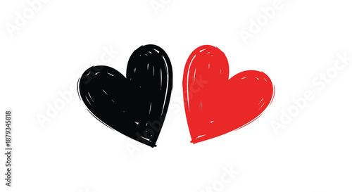 Two hand drawn hearts one black and one red are positioned closely together creating a striking silhouette