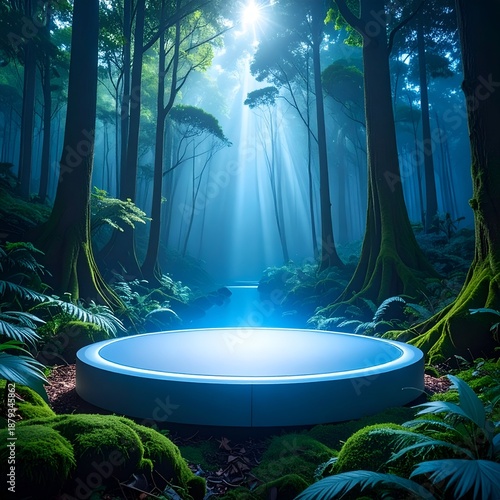 Wallpaper Mural Glowing platform in a vibrant forest, sunlight beaming down Torontodigital.ca