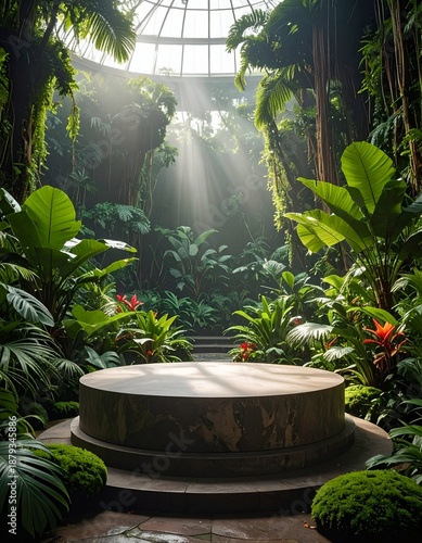Wallpaper Mural Tropical interior with platform, lush foliage, & sunlight beaming Torontodigital.ca