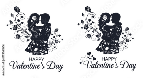 valentine s day couple embracing with flowers and hearts silhouette high quality professional detailed modern elegant