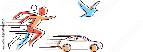 Abstract Minimalist Line Art Vector of Speed and Motion with Running Person, Fast Car, and Flying Bird
