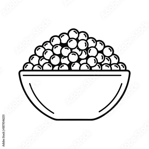 A bowl filled with small round balls on a plain white background