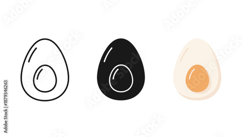 Three eggs in different states raw and cooked illustration