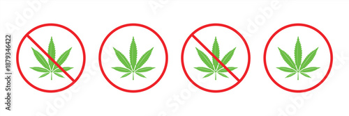 Set of no cannabis vector icons. Forbidden or ban marijuana. Stop drugs. No hemp.