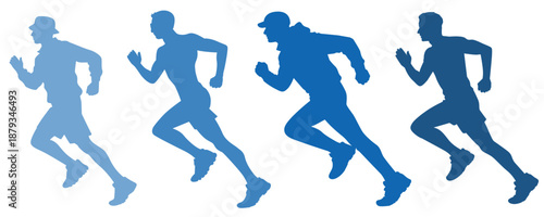 Set cartoon silhouette person engaging fitness and athletic activity. Bundle gentleman doing running activity with various outfit. Flat vector illustrations healthy lifestyle. Group sprinter athlete.