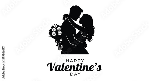 A romantic couple embracing closely holding flowers with a valentine s day message shown as a silhouette