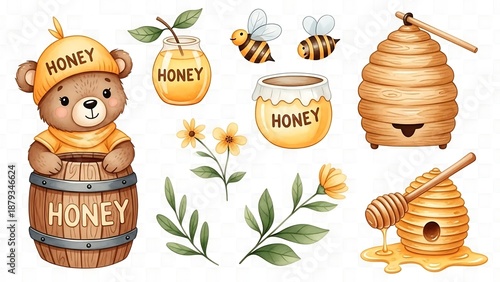 Teddy Bear Honey Illustration with Bees and Hives.
