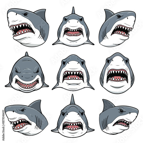 Diverse shark faces with open mouths on white background