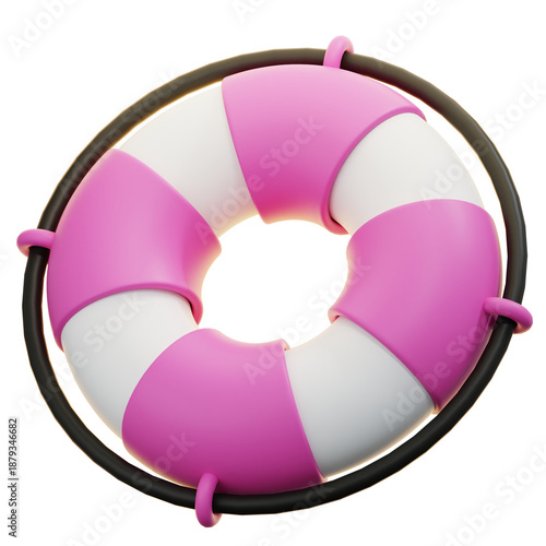 Pink and White Striped 3D Lifebuoy Icon - Rescue and Safety Symbol Isolated on Transparent Background
