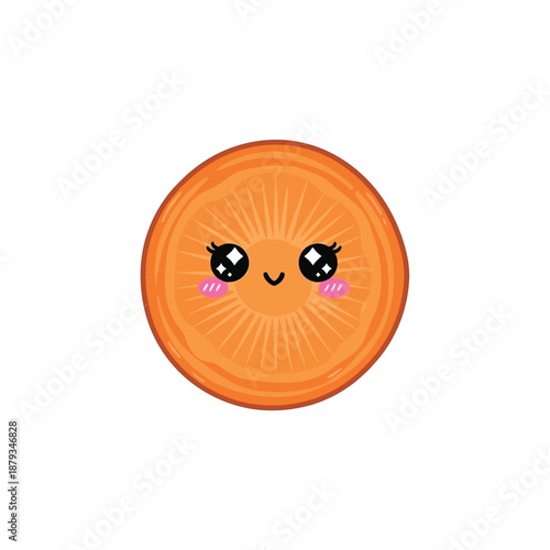A cute orange slice character with a smiling face and rosy cheeks is shown.