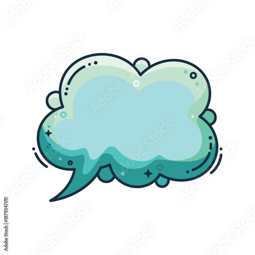 A vibrant teal cartoon speech bubble with sparkles and dots on a white background illustration.