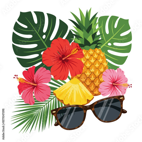 Tropical leaves and sunglasses surround a pineapple