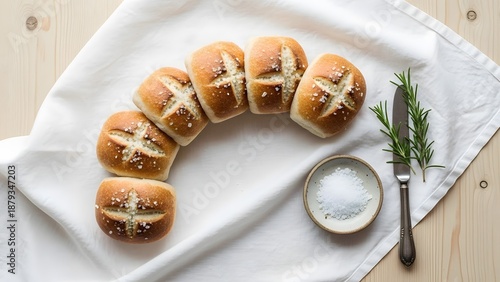 Pretzel Rolls with Sea Salt and Rosemary on White Cloth