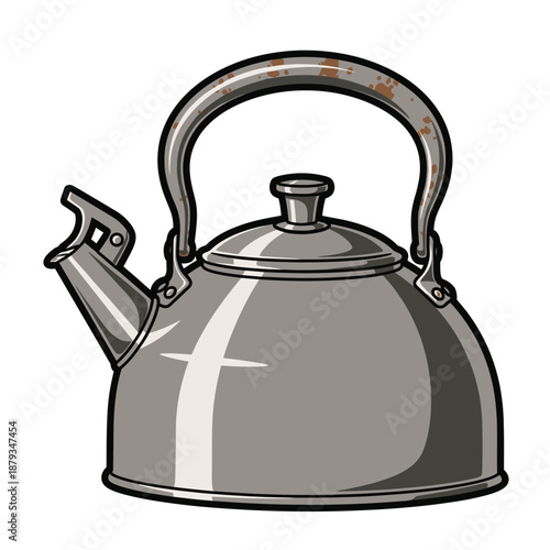 An old kettle with a worn handle and spout, illustrated in grayscale, showcasing a vintage kitchen appliance.