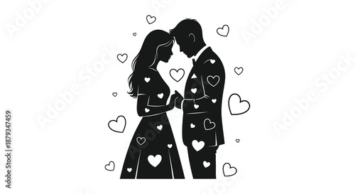 A loving couple embraces their hands joined surrounded by delicate hearts in a striking silhouette
