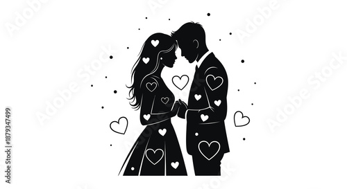 A romantic couple embracing tenderly their forms depicted in a striking black and white silhouette
