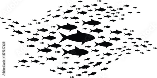 Large school of fish swimming in formation, marine wildlife silhouette illustration perfect for ocean-themed design, aquatic nature art, underwater environmental concepts, and sea ecosystem projects