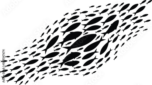 Dense school of fish swimming in fluid formation, marine wildlife silhouette illustration ideal for ocean art, underwater nature concepts, aquatic design, and environmental creative projects