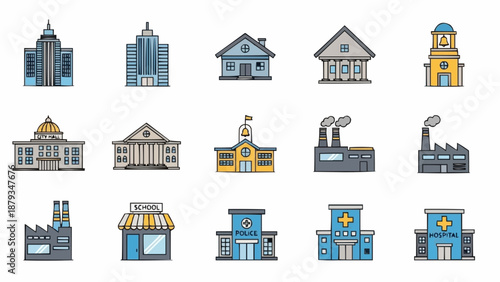 Collection of diverse building illustrations in flat design style.