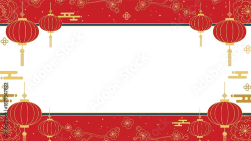 Elegant Red Chinese New Year Frame Background with Traditional Lanterns and Golden Floral Motifs, Ideal for Festive Banners, Cultural Event Invitations, and Cards