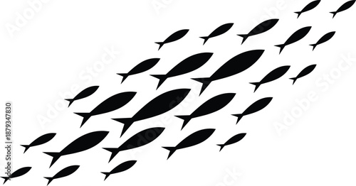 School of fish swimming in formation, minimalist marine wildlife silhouette illustration perfect for ocean-themed art, underwater nature concepts, aquatic design, and environmental creative projects