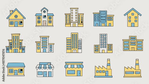 Collection of Diverse Building Icons Representing Architecture.