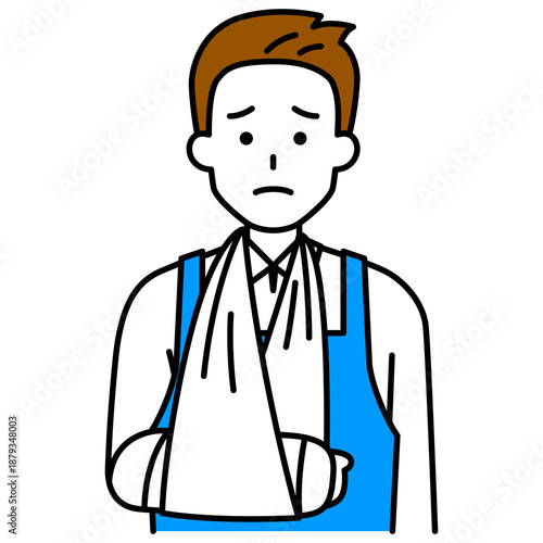 右腕を骨折しているエプロン姿の男性