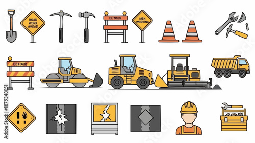 Construction Equipment and Tools Vector Set.