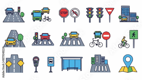 Collection of traffic and transportation icons and symbols.