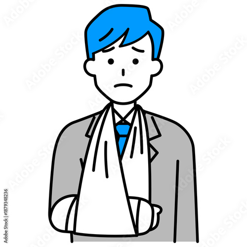 右腕を骨折しているスーツの男性