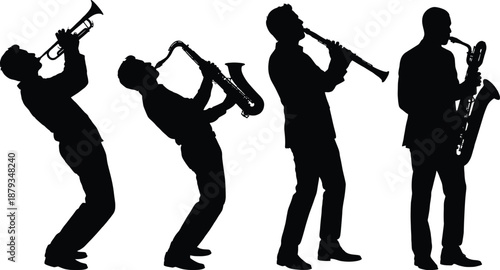 Silhouettes of jazz musicians playing trumpet, saxophone, and clarinet in expressive poses, ideal for music-themed illustration, performing arts design, entertainment concepts, and creative artwork