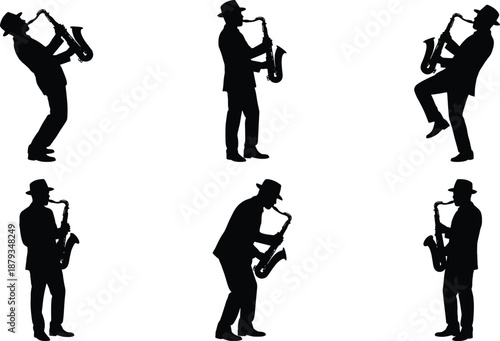 Silhouettes of jazz saxophone musician in various playing poses, perfect for music-themed design, performance art concepts, creative illustration, and entertainment promotional projects
