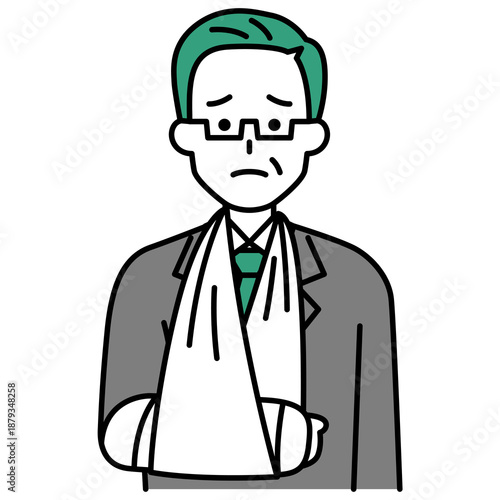 右腕を骨折している中年のスーツの男性