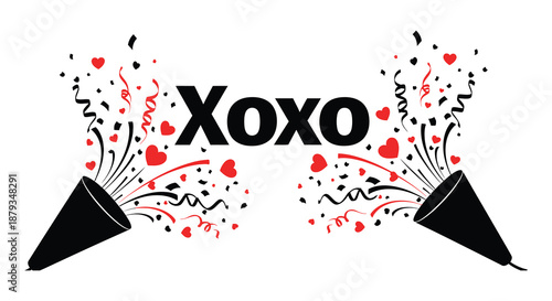 Festive celebration with confetti hearts and the word xoxo bursting from party poppers silhouette