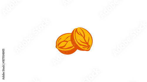 Two stylized, golden-orange fruit halves are depicted against a clean white background