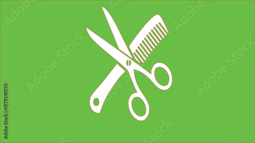 Scissors and comb icon on green background. Barber shop and hair salon symbol.

