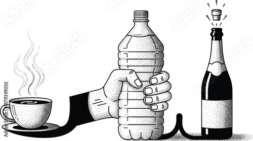 Concept illustration of beverage choices showing coffee cup, water bottle and champagne bottle, lifestyle decision metaphor, black and white dotted engraving style artwork