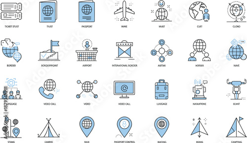 Large set of travel and global communication icons in blue and black line art featuring airplanes passports and navigation symbols.