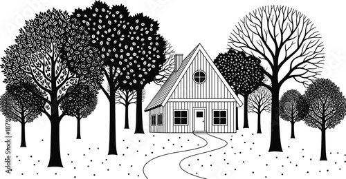 Cozy countryside house surrounded by trees in black and white illustration, peaceful rural landscape scene, minimalist forest home design artwork
