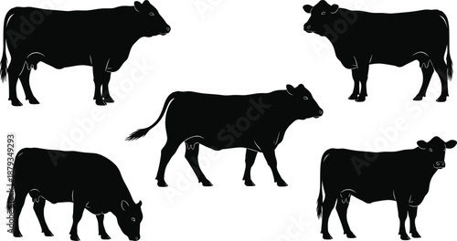 Set of cow silhouettes featuring cattle in various standing and grazing poses.